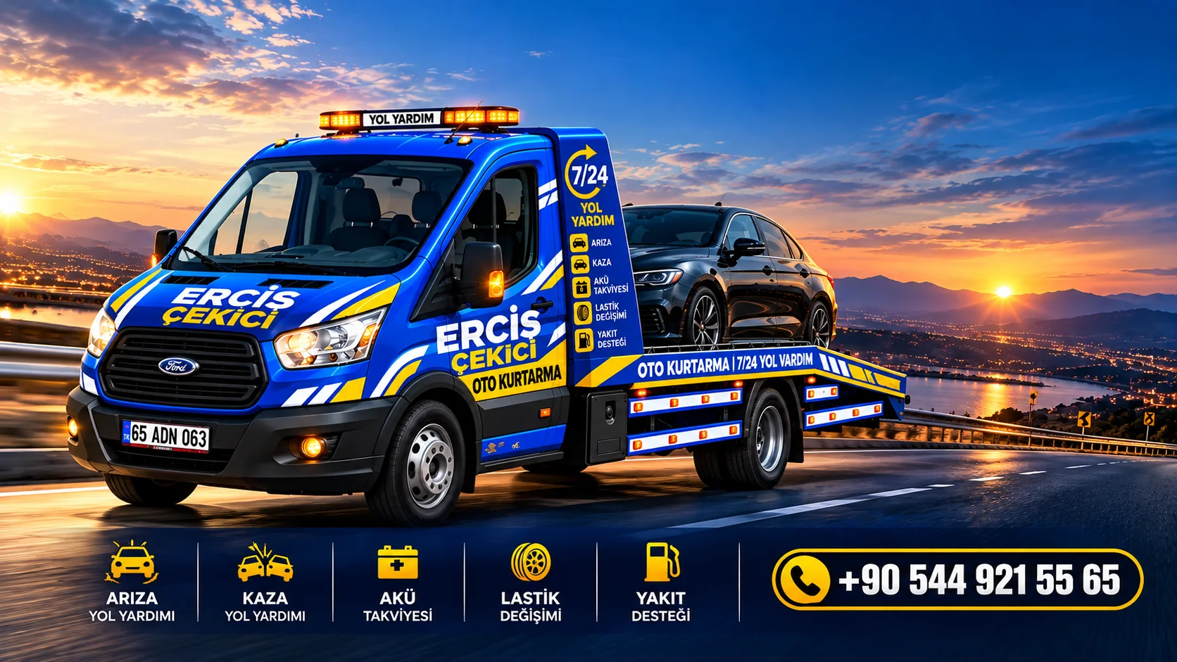 Erciş Oto Kurtarma mavi sarı çekici aracıyla 7/24 yol yardım