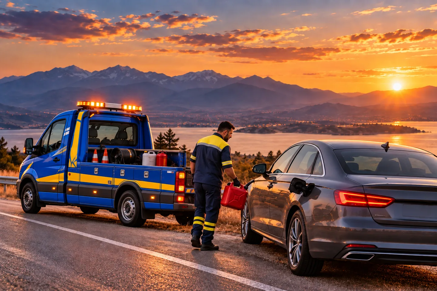 Yolda kalan araca yakıt desteği sağlayan görevli